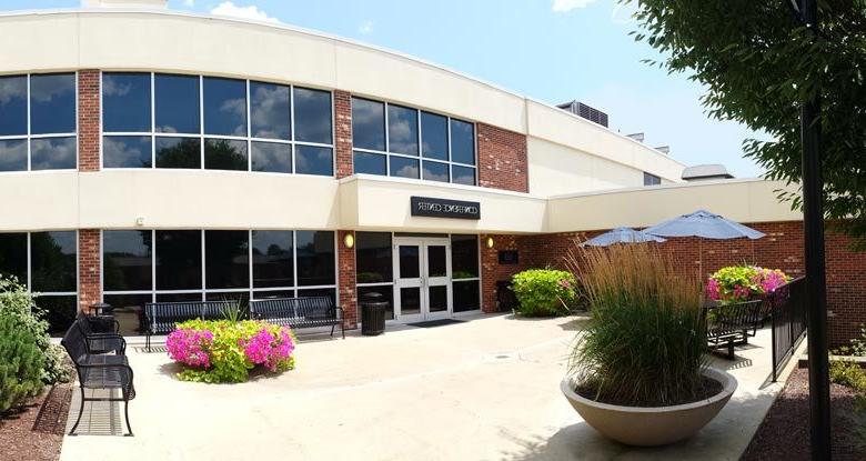 A view of the Conference Center entrance from the outdoor patio